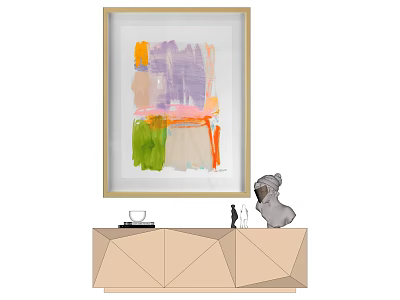 Colorful Abstract Painting On Wall Above Geometric Cabinet With Sculpture 3d model