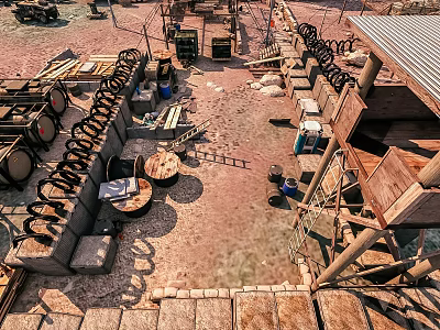 Outdoor Worksite Setup With Wooden Structures Barrels Ladders Coiled Pipes And Stone Blocks 3d model