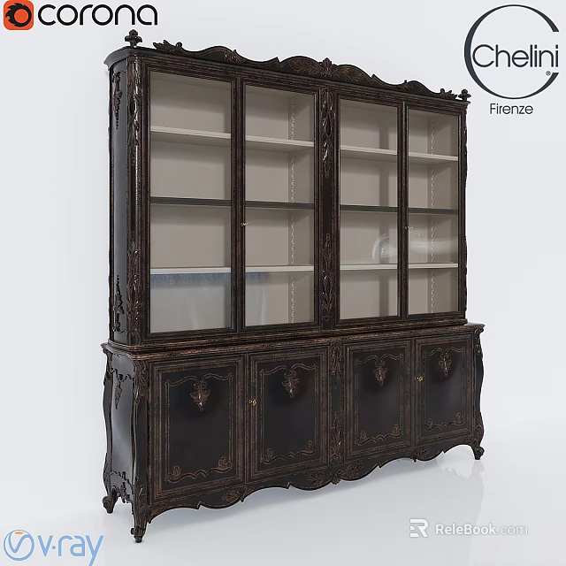 Classic Dark Colored Cabinet With Glass Doors Carved Details And Multiple Shelves 3d model 
