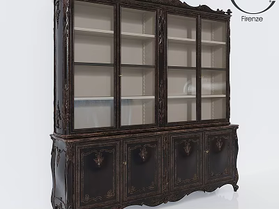 Classic Dark Colored Cabinet With Glass Doors Carved Details And Multiple Shelves 3d model