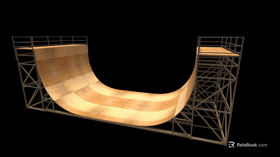 Wooden Curved Ramp Structure With Metal Support Frame And Side Platforms 3d model 