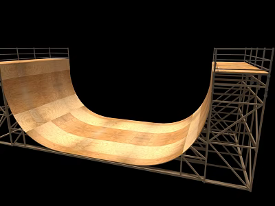 Wooden Curved Ramp Structure With Metal Support Frame And Side Platforms 3d model