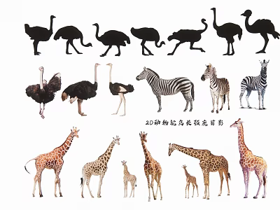 由于图片重点展示的是鸵鸟、斑马、长颈鹿等陆生动物，未包含水生动物，无法依据图片信息生成以“水生动物”为主体的标题。请确认图片内容是否与需求匹配。 3d model