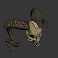 Ram Skull With Curved Textured Horns And Detailed Bone Structure In Shadow