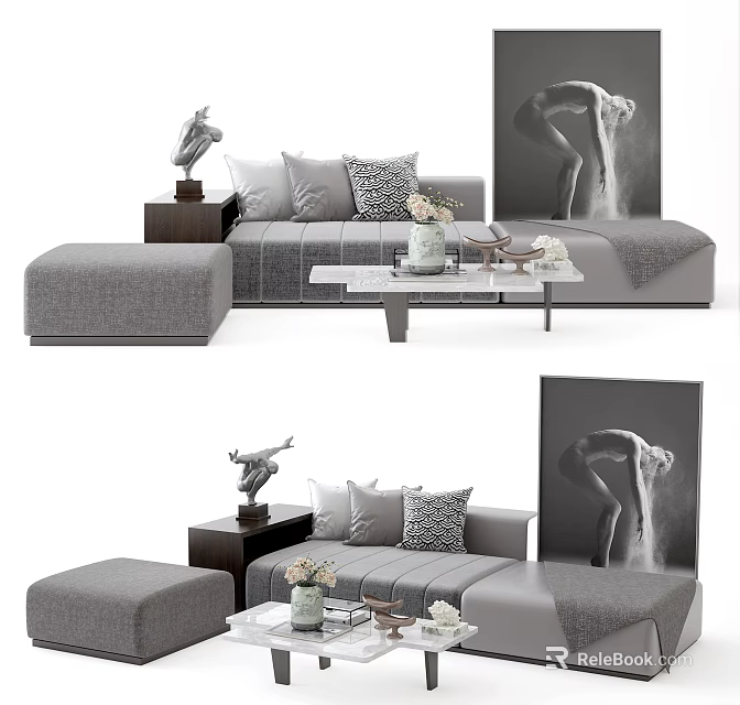 Modern Gray Sofa Coffee Table Set With Pillows Side Table And Decorative Artwork 3d model