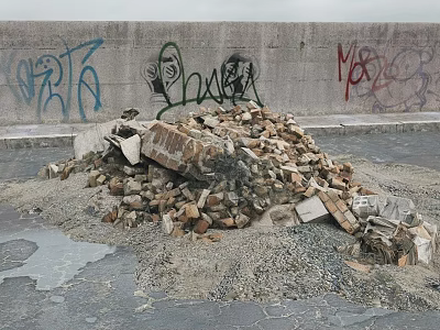 Stones and Wood Debris Pile Against Graffiti Covered Concrete Wall 3d model