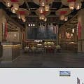 Traditional Chinese Restaurant With Hanging Lanterns Bamboo Decor Menu Board And Fruit Food Displays