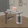 Modern White Curved Desk Brown Chair Set With Gold Legs Laptop Eyeglasses Small Plant