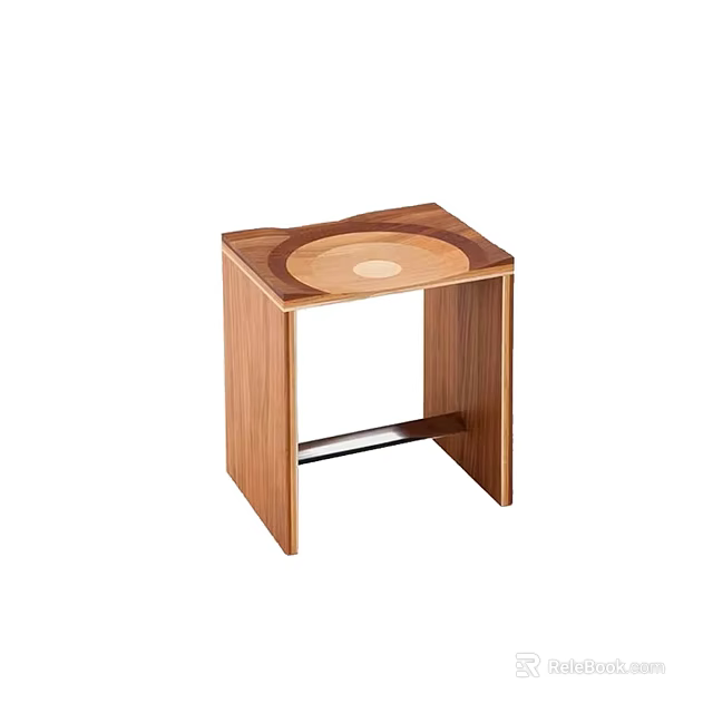 Wooden Stool With Square Structure And Circular Top Design Featuring Metal Crossbar 3d model 
