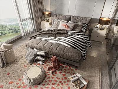 Luxurious Modern Double Bed Room with Striped Bedding and Side Tables 3d model