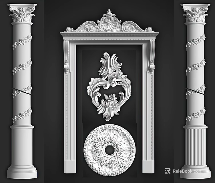 Classical Roman Columns with Intricate Carvings Framing Ornate Doorway and Decorative Elements 3d model 