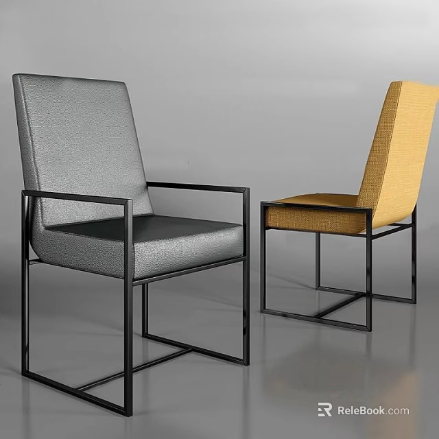 Modern Upholstered Dining Chairs With Black Metal Frame Gray And Yellow Seats 3d model 