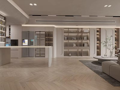 Modern Dining and Living Room Interior With Herringbone Flooring Built in Shelves and Sofa 3d model
