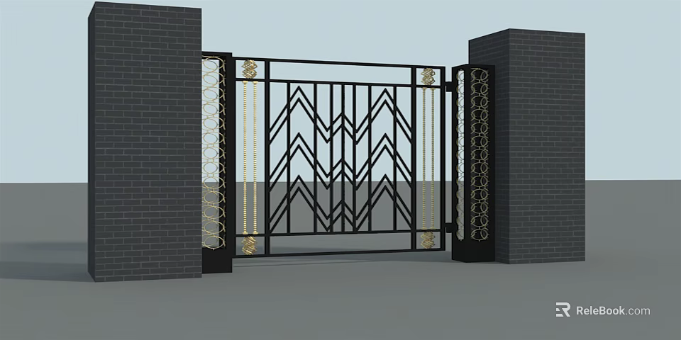 Wrought Iron Entrance Gate With Geometric Pattern And Brick Pillars 3d model