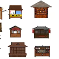 Traditional Wooden Stalls and Pavilions with Various Roof Designs and Decorative Details
