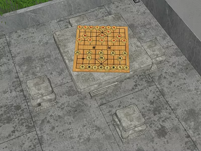 Rustic Stone Table and Chair Set with Chessboard for Outdoor Game on Stone Patio 3d model