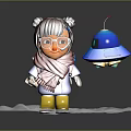 Little Girl With Pigtails Glasses Red Scarf Standing By Blue UFO On Snowy Base