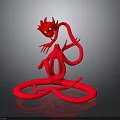 Red Demon Sculpture With Glowing Effect And Twisted Design On Circular Base