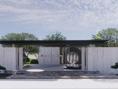 Modern Entrance Gate Design With Stone Walls Black Roof Steps And Surrounding Greenery 3d model