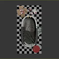 Bathroom Scene with White Bathtub Gray Curtain Red Bucket Green Hose Checkered Mat and Toiletries