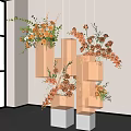 Orange Flowers In Hanging Transparent Cubes With Soft Light For Modern Interior Decor