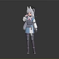 Cute Cartoon Child Wearing Blue White Outfit With White Long Hair And Cat Ears