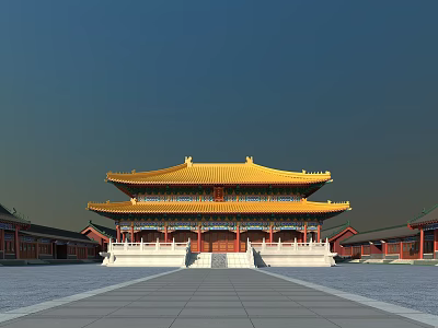 Ancient Chinese Architecture Featuring Yellow Glazed Tile Roof Upturned Eaves Red Pillars And Spacious Square 3d model