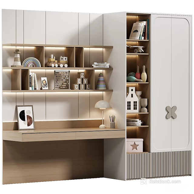 Modern Light Wood Desk Interior With Shelves Table Lamp And Decorative Items 3d model 