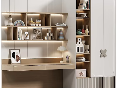 Modern Light Wood Desk Interior With Shelves Table Lamp And Decorative Items 3d model