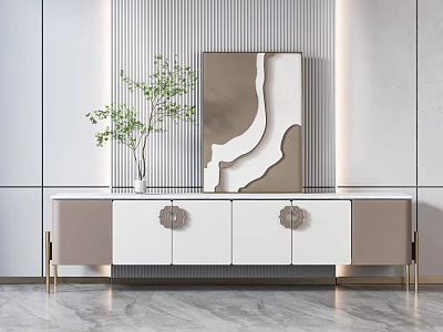 Elegant Modern TV Stand with White Beige Doors Gold Legs Abstract Artwork and Green Plant 3d model