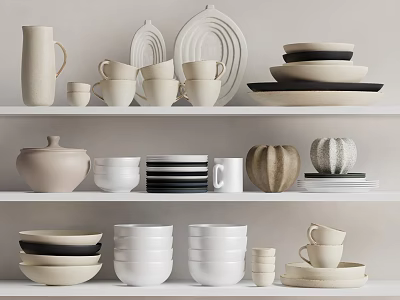 Minimalist Dinnerware Set Display On Shelves With Cups Bowls Plates 3d model