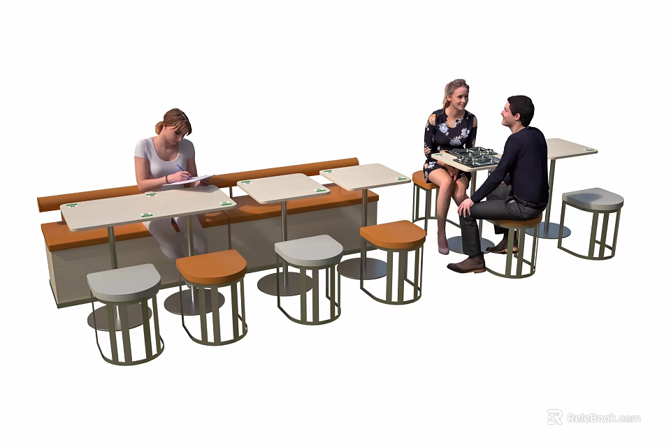 Modern Public Chairs With White And Brown Stools In Shared Space For People Resting 3d model 