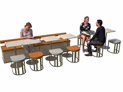Modern Public Chairs With White And Brown Stools In Shared Space For People Resting 3d model