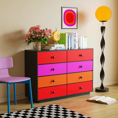 Colorful Drawer Dresser With Pink Flowers Books Purple Chair And Floor Lamp In Room 3d model