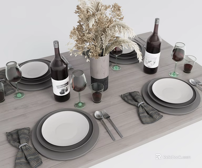 Elegant Tableware Set With Plates Wine Glasses Napkins Wine Bottles And Dried Flower Vase For Table Setting 3d model 