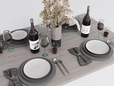 Elegant Tableware Set With Plates Wine Glasses Napkins Wine Bottles And Dried Flower Vase For Table Setting 3d model