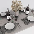 Elegant Tableware Set With Plates Wine Glasses Napkins Wine Bottles And Dried Flower Vase For Table Setting
