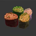 Fresh Crab Sushi Pieces With Orange Filling And Green Scallions On Black Background