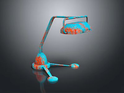 Blue And Orange Vintage Table Lamp With Curved Arm Rustic Finish And Three Legged Base 3d model