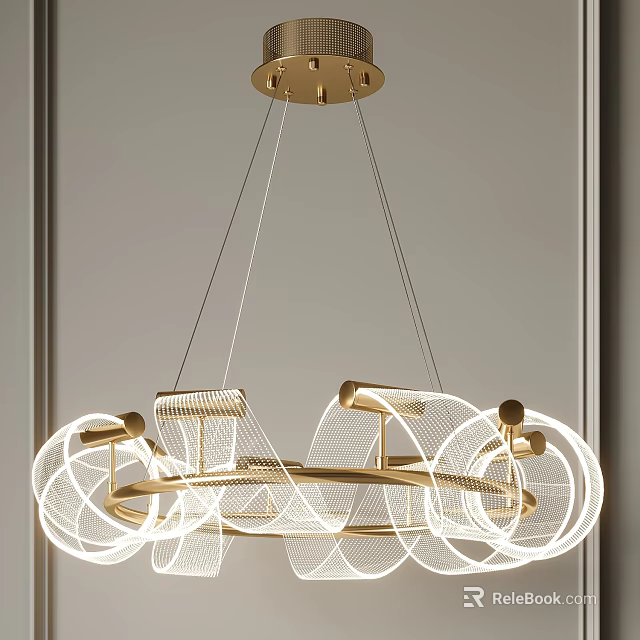 Modern Elegant Golden Chandelier With Circular Wireframe Design And Illuminated Strips 3d model 