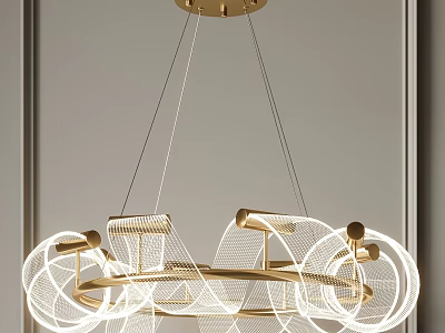 Modern Elegant Golden Chandelier With Circular Wireframe Design And Illuminated Strips 3d model