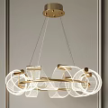 Modern Elegant Golden Chandelier With Circular Wireframe Design And Illuminated Strips