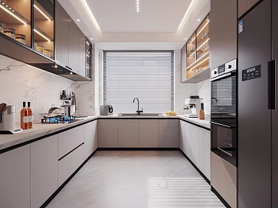 Modern Kitchen Interior With Gray Cabinets White Marble Countertops Built In Appliances And Window Blinds 3d model