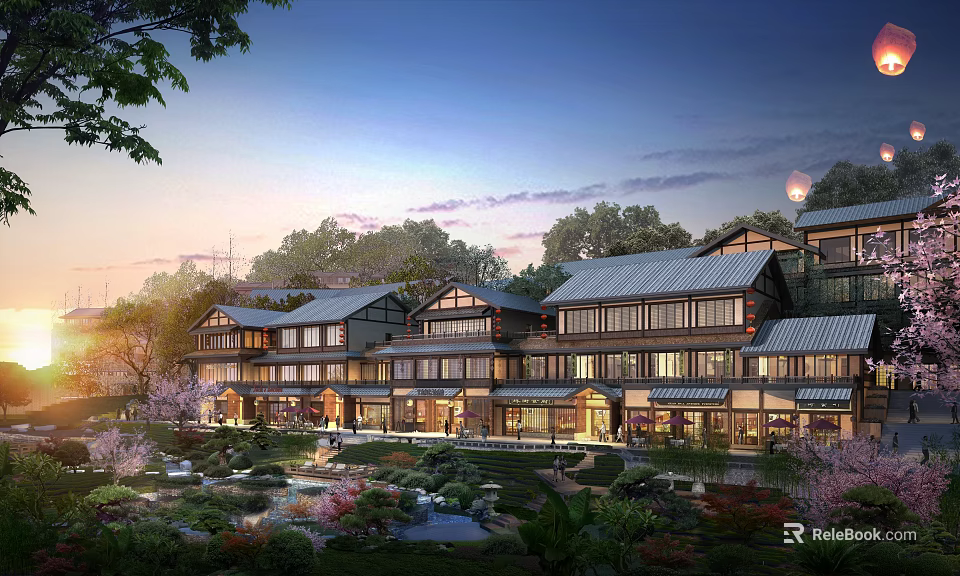 Commercial Complex with Traditional Architectural Design and Landscaped Gardens Featuring Ponds and Cherry Blossoms 3d model 