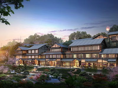 Commercial Complex with Traditional Architectural Design and Landscaped Gardens Featuring Ponds and Cherry Blossoms 3d model