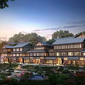 Commercial Complex with Traditional Architectural Design and Landscaped Gardens Featuring Ponds and Cherry Blossoms