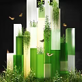 Art Installation With Green And White Columnar Structures Plants And Butterflies On Black Background