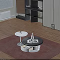 Modern Round Coffee Table Set With White Vase Open Magazine On Brown Rug Wooden Floor