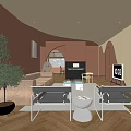 Modern Living And Dining Room Interior With Brown Sofa Glass Coffee Table And Green Plants