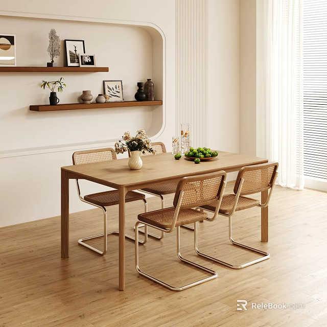 Cozy Modern Dining Set With Wooden Table Rattan Chairs Green Plants And Fruits 3d model 